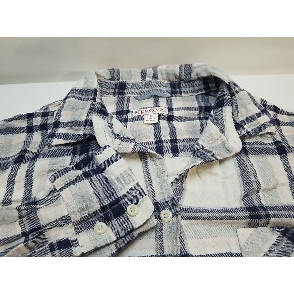 Merona Womens Plaid Button Up Shirt Small White Navy Pink Long Sleeve